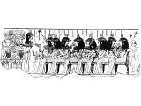 Egyptian banquet, sitting on chairs at a table